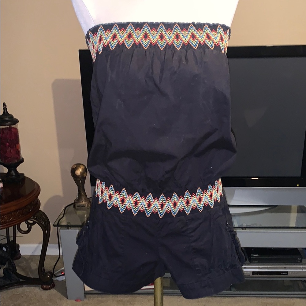 Black Strapless Romper with Colorful Embroidery